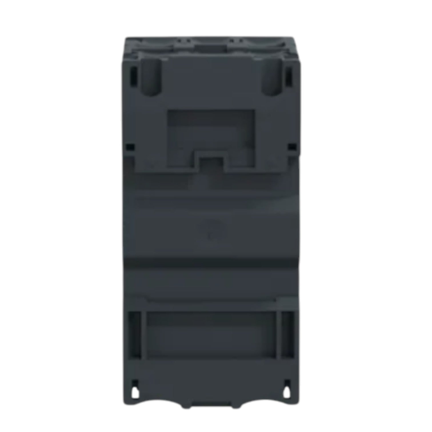 Black plastic component on a white background