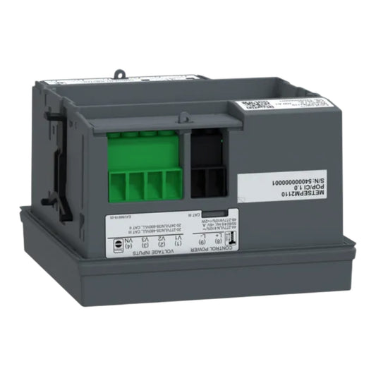 A gray electrical control module with green and black terminal blocks, featuring printed white labels and a barcode sticker, photographed on a white background.