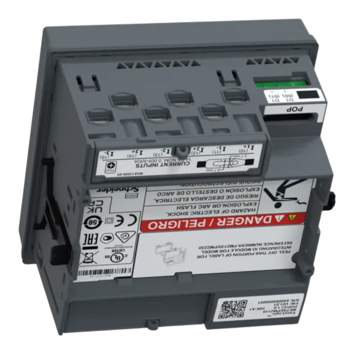 A Schneider Electric industrial electrical module, specifically a PNP 230V AC/DC input device in dark gray plastic with white and red warning labels.