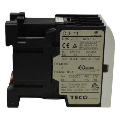 Teco Magnetic Contactor CU-11 3A1a 3 Phase 24V Coil 24V AC/DC
