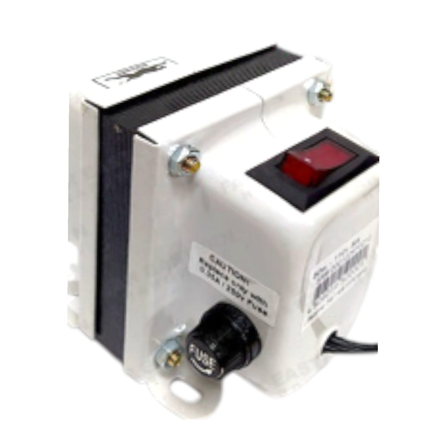 A white electrical control box with a red rocker switch, a black fuse terminal, and a black side panel, shown on a plain white background.