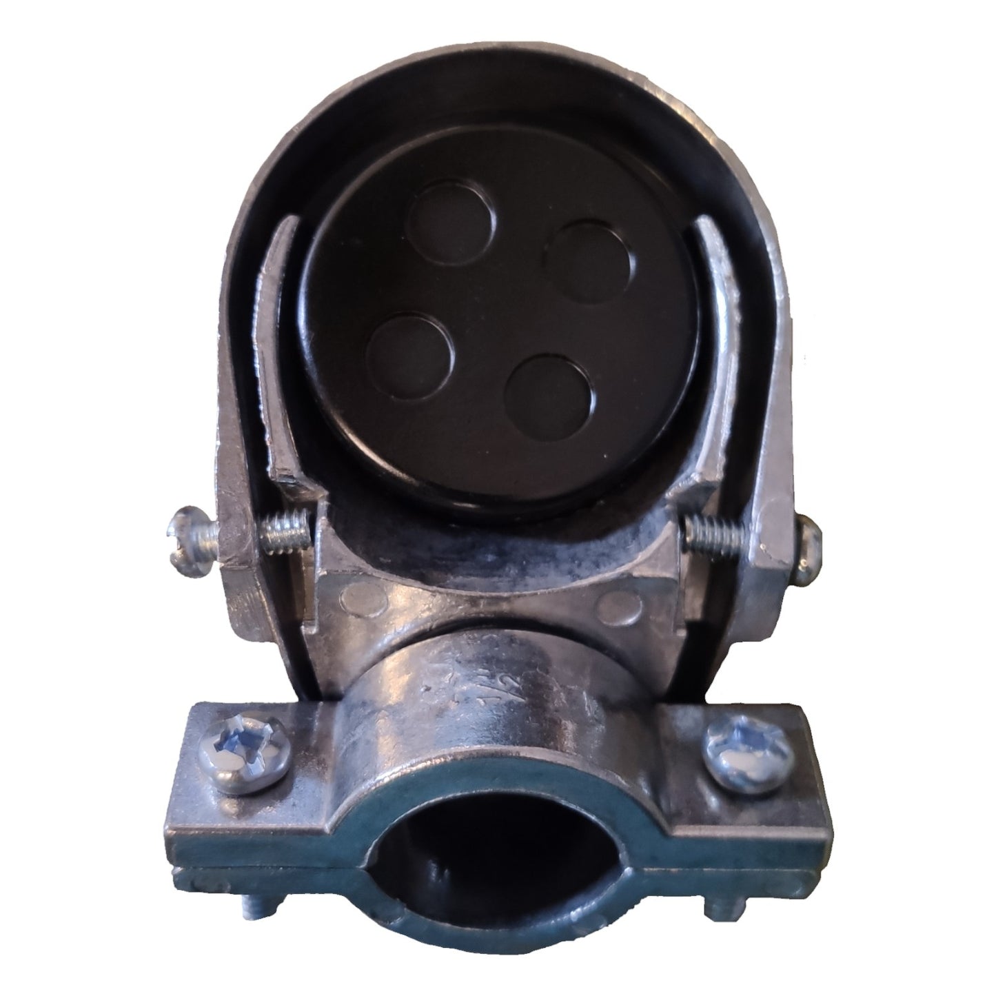 Metallic connector with black circular component on a white background