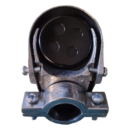 Metallic connector with black circular component on a white background