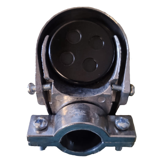 Metallic connector with black circular component on a white background