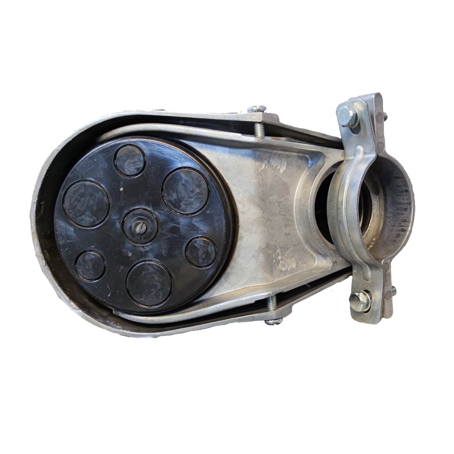 Metal pulley system on a white background