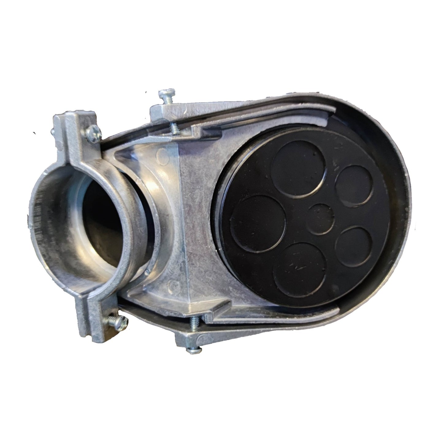 Metallic mechanical component with black interior on a white background