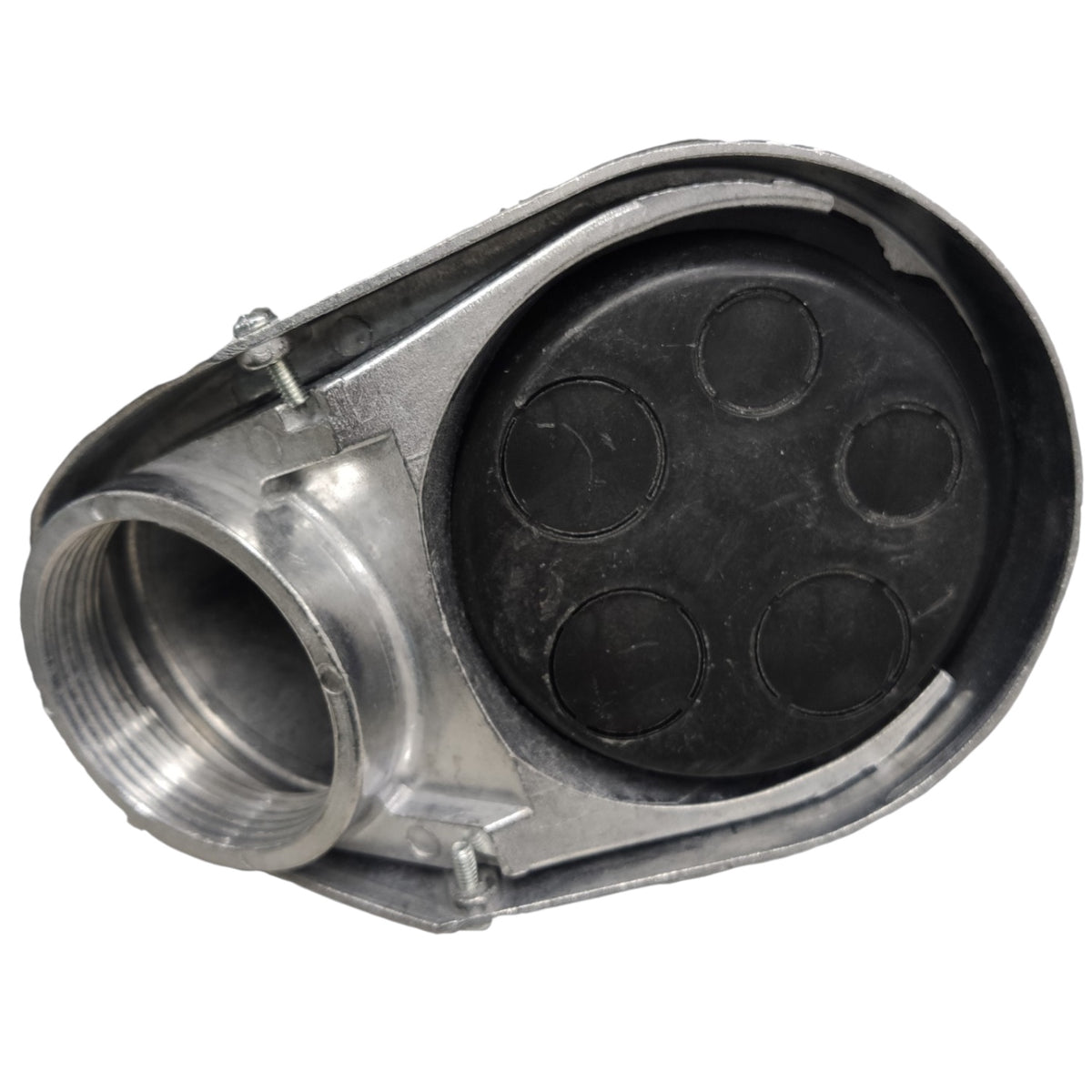 A metal plumbing fitting with a threaded male connection on one side and a black rubber gasket with four circular ports on the other, shown on a white background.