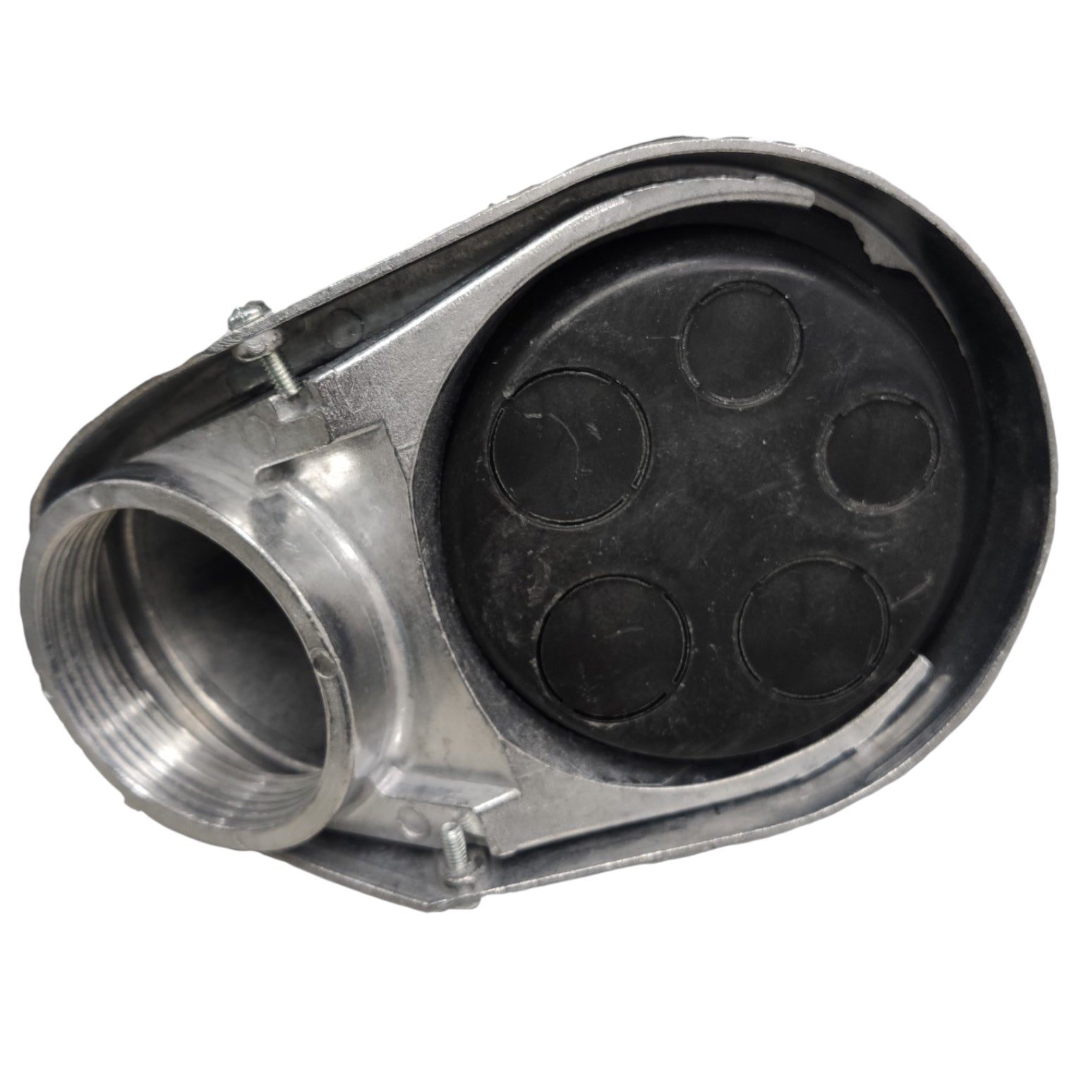 A metal plumbing fitting with a threaded male connection on one side and a black rubber gasket with four circular ports on the other, shown on a white background.