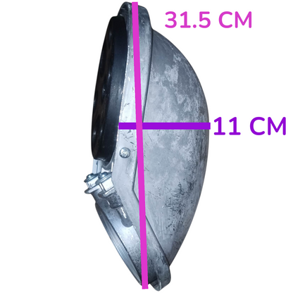 A metal circular component shown in side view with overlaid purple measurement lines and text indicating 31.5 cm height and 11 cm width on a plain white background.