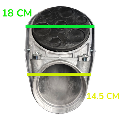 A metal cylindrical component with a black circular top plate shown on a white background, with green and yellow measurement lines and text indicating dimensions 18 CM and 14.5 CM.
