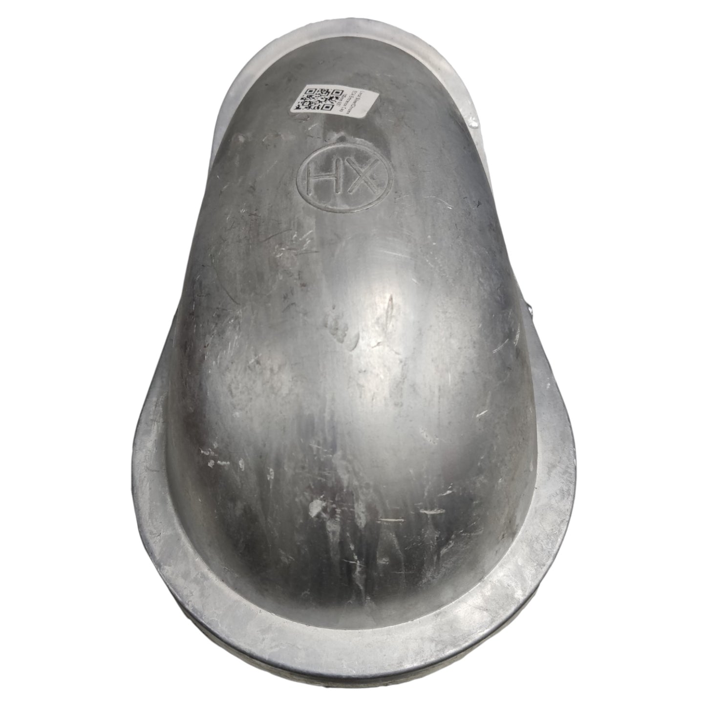 A used galvanized steel urine tray with a visible 'HX' brand stamp and a QR code sticker on the top, shown against a plain white background.