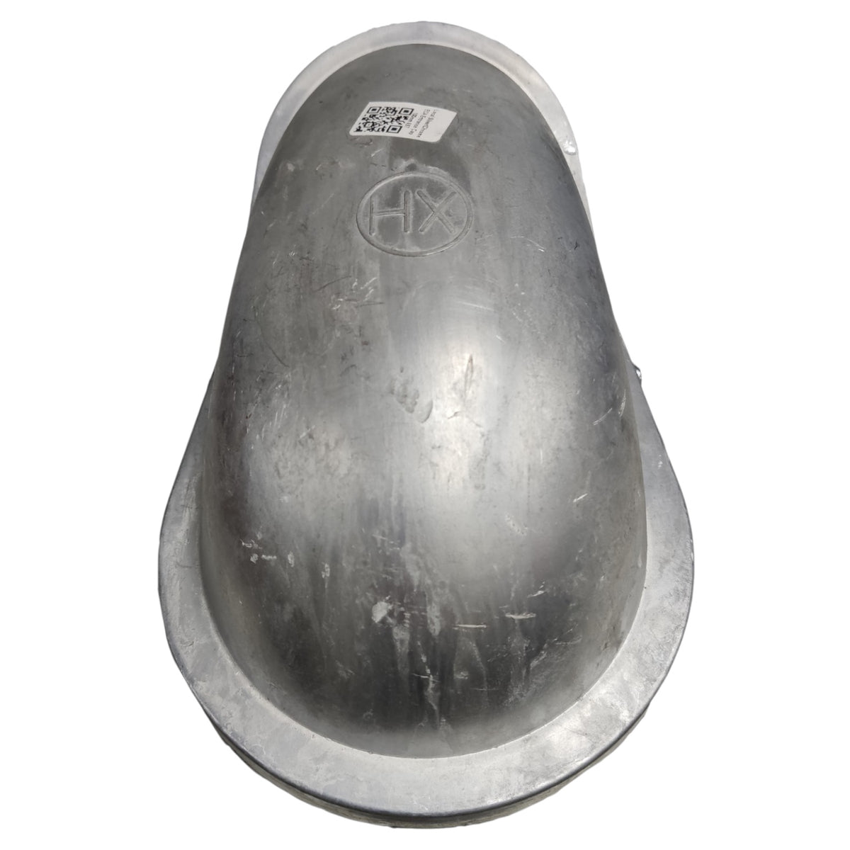 A used galvanized steel urine tray with a visible 'HX' brand stamp and a QR code sticker on the top, shown against a plain white background.