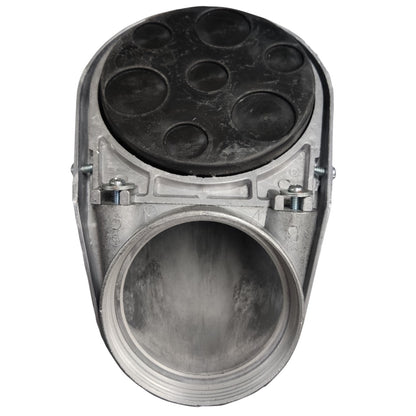 A metal automotive part with a large circular opening, a silver-toned body, and a black circular top plate with multiple recessed circular details, shown on a plain white background.