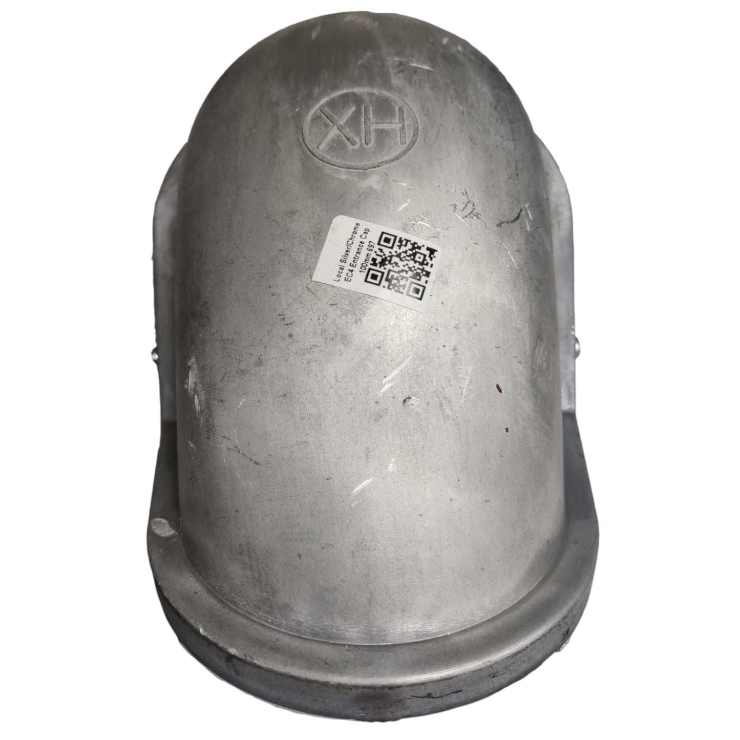 A metallic gray protective helmet cover or dome-shaped shield with a white QR code sticker on the front, isolated on a white background.