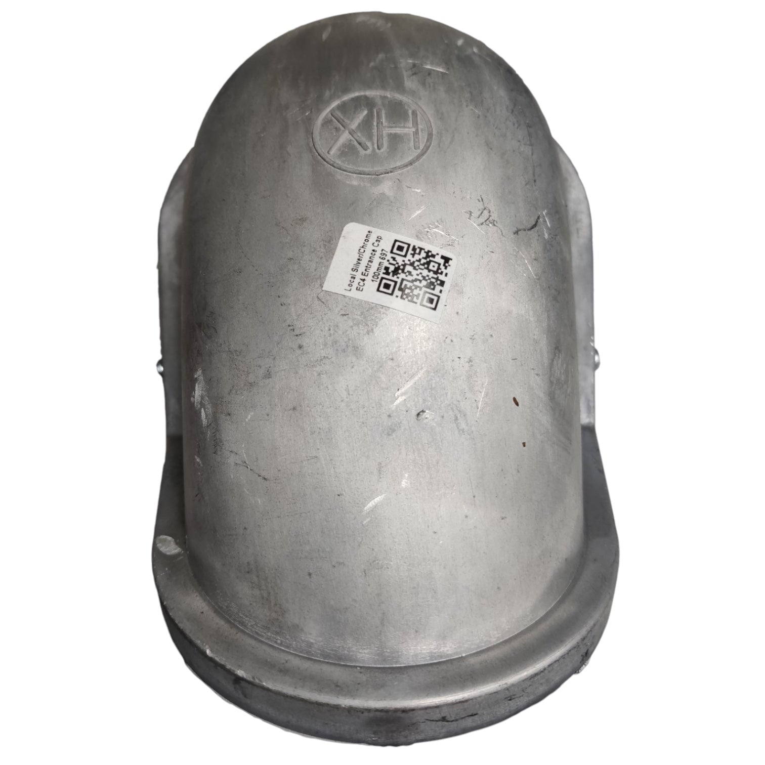 A metallic gray protective helmet cover or dome-shaped shield with a white QR code sticker on the front, isolated on a white background.
