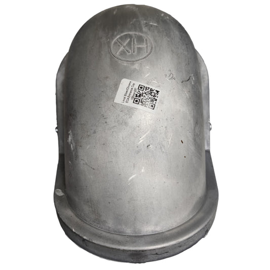 A metallic gray protective helmet cover or dome-shaped shield with a white QR code sticker on the front, isolated on a white background.