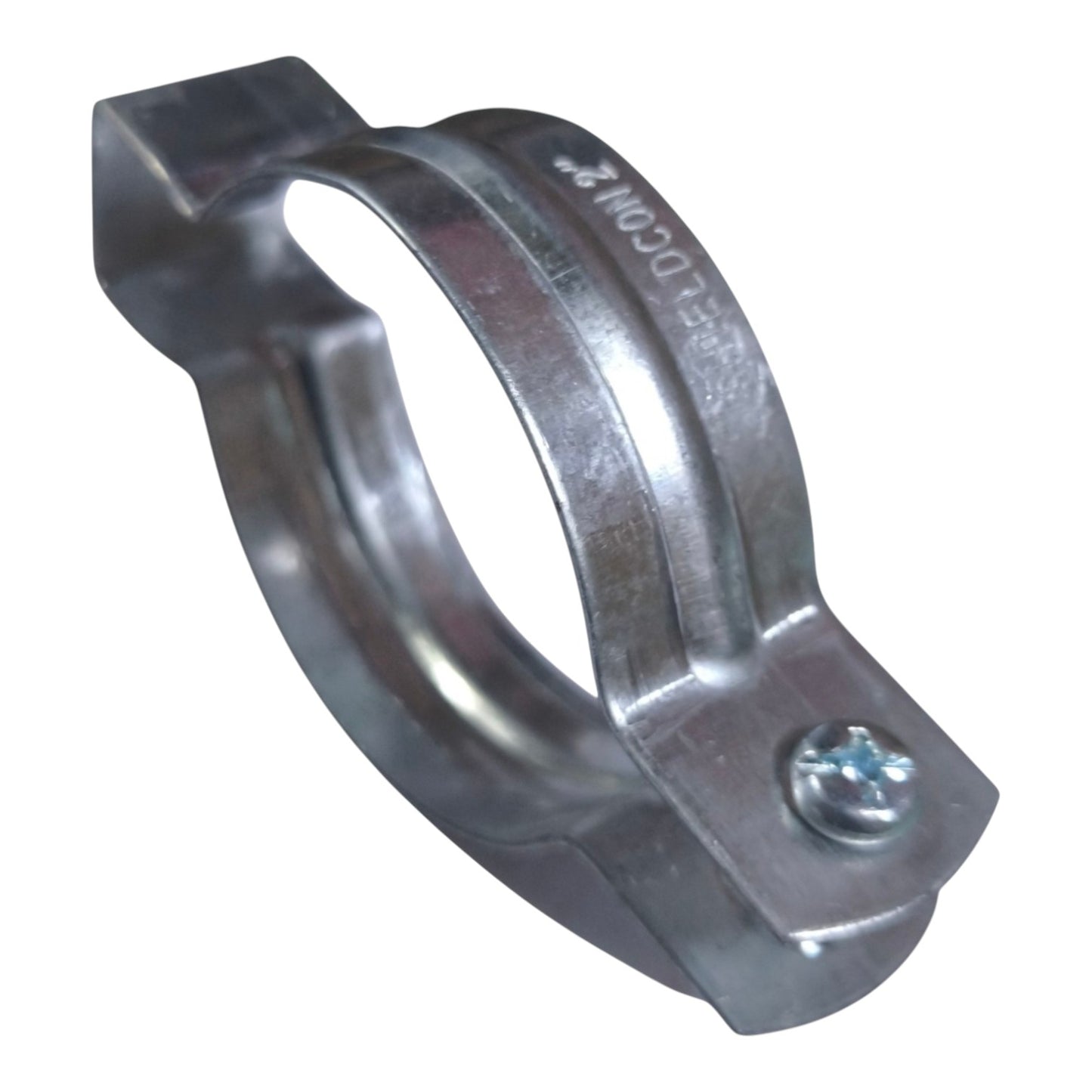 A galvanized steel pipe clamp with a hexagonal head and a tightening screw, shown on a plain white background.