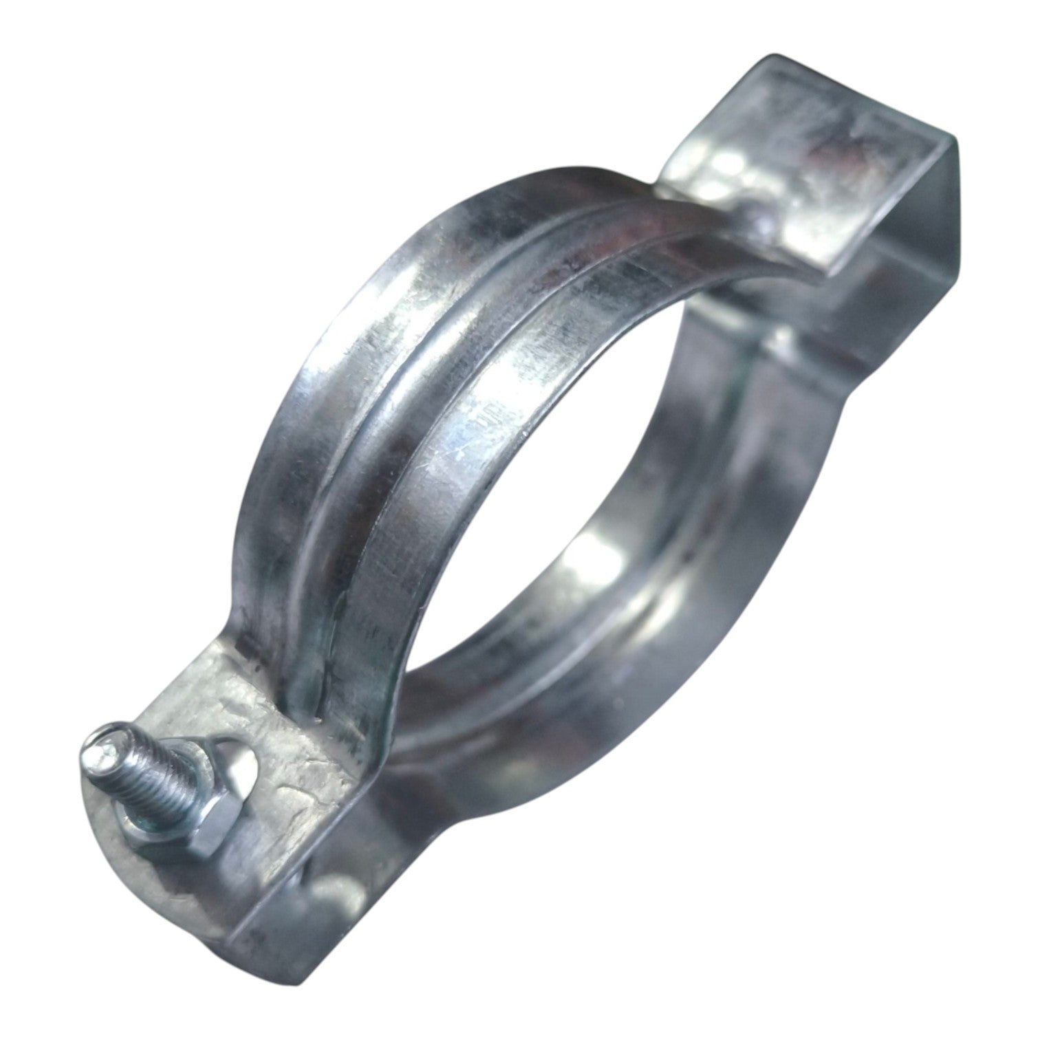 Galvanized steel pipe clamp with a threaded bolt fastener, shown on a plain white background.