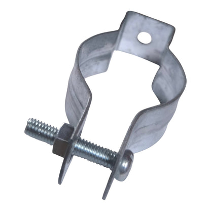 Galvanized steel metal clamp with a threaded bolt, nut, and flat mounting plate, shown on a plain white background.