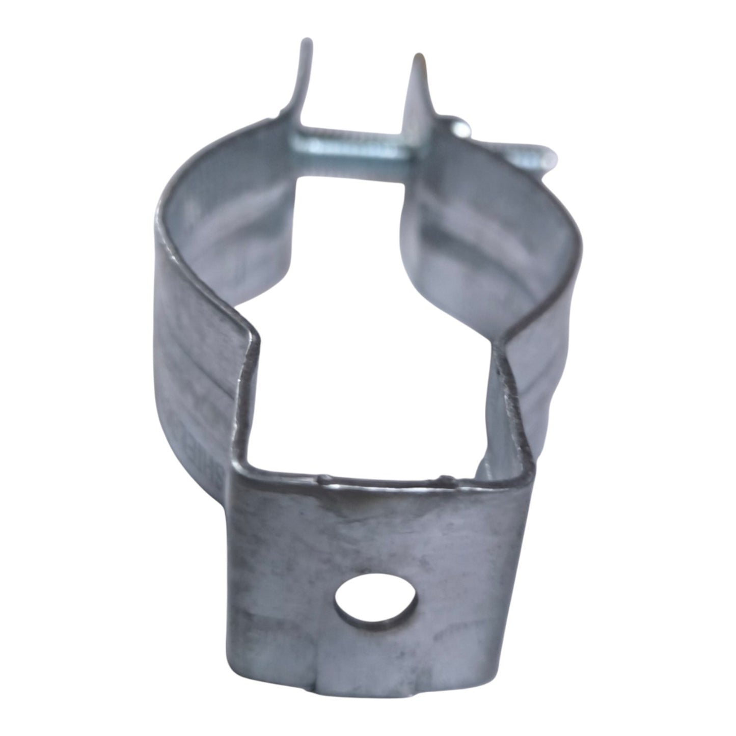 A galvanized steel compression hose clamp with a single screw hole on the front bracket, isolated on a white background.