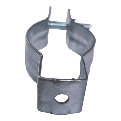 A galvanized steel compression hose clamp with a single screw hole on the front bracket, isolated on a white background.