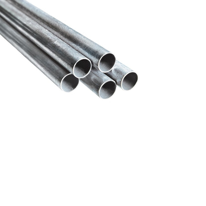 Four metallic silver steel pipes with open ends, arranged diagonally on a plain white background.