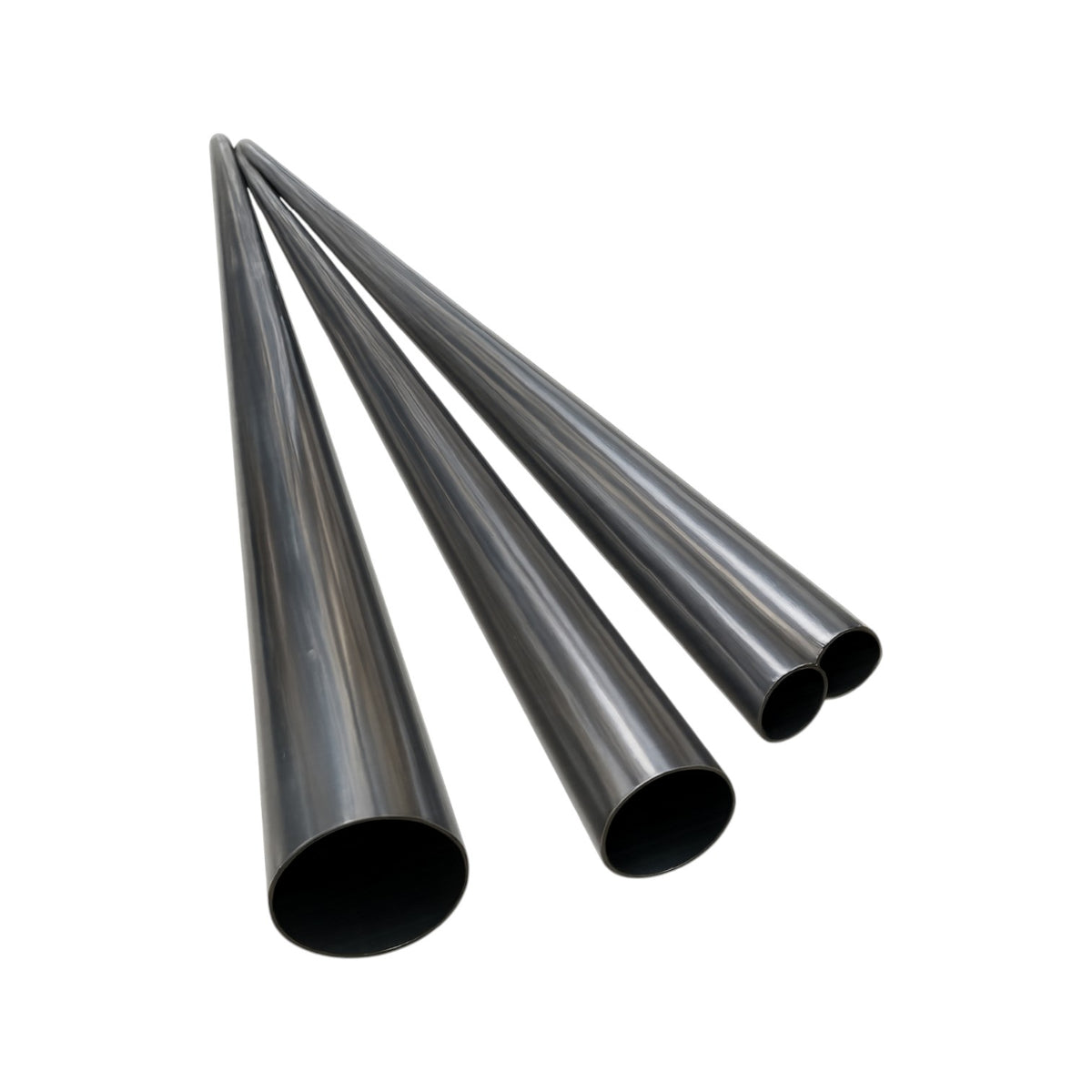Three long, smooth, dark gray metallic tubes arranged in a fan shape on a plain white background.