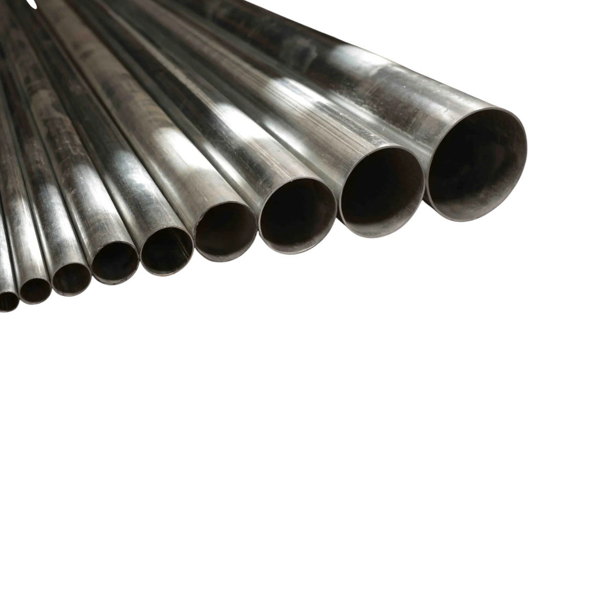 A set of metallic steel pipes of varying diameters arranged in a fan shape against a plain white background.