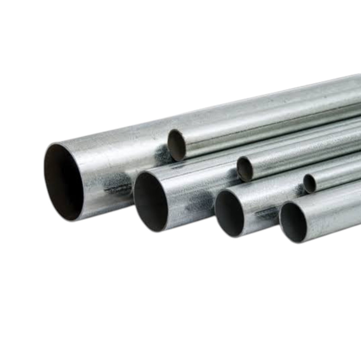 Several metallic steel pipes of varying diameters arranged diagonally on a plain white background.