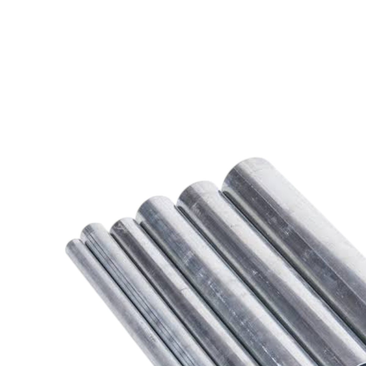 Five metallic silver rods or tubes arranged diagonally on a plain white background.