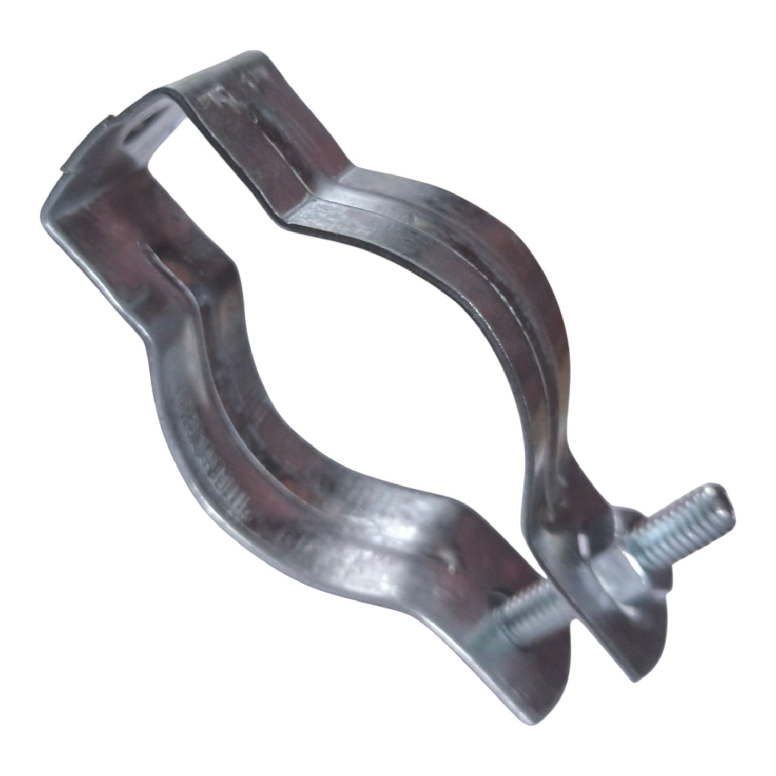 Galvanized metal pipe clamp with a wing nut fastener, shown on a plain white background.