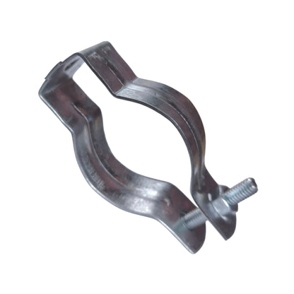 A galvanized steel pipe clamp with a threaded bolt fastener, shown on a plain white background.