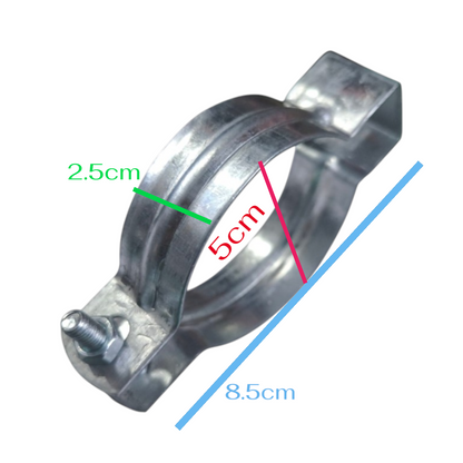 A metal clamp with dimension annotations showing 2.5cm, 5cm, and 8.5cm on a plain white background.