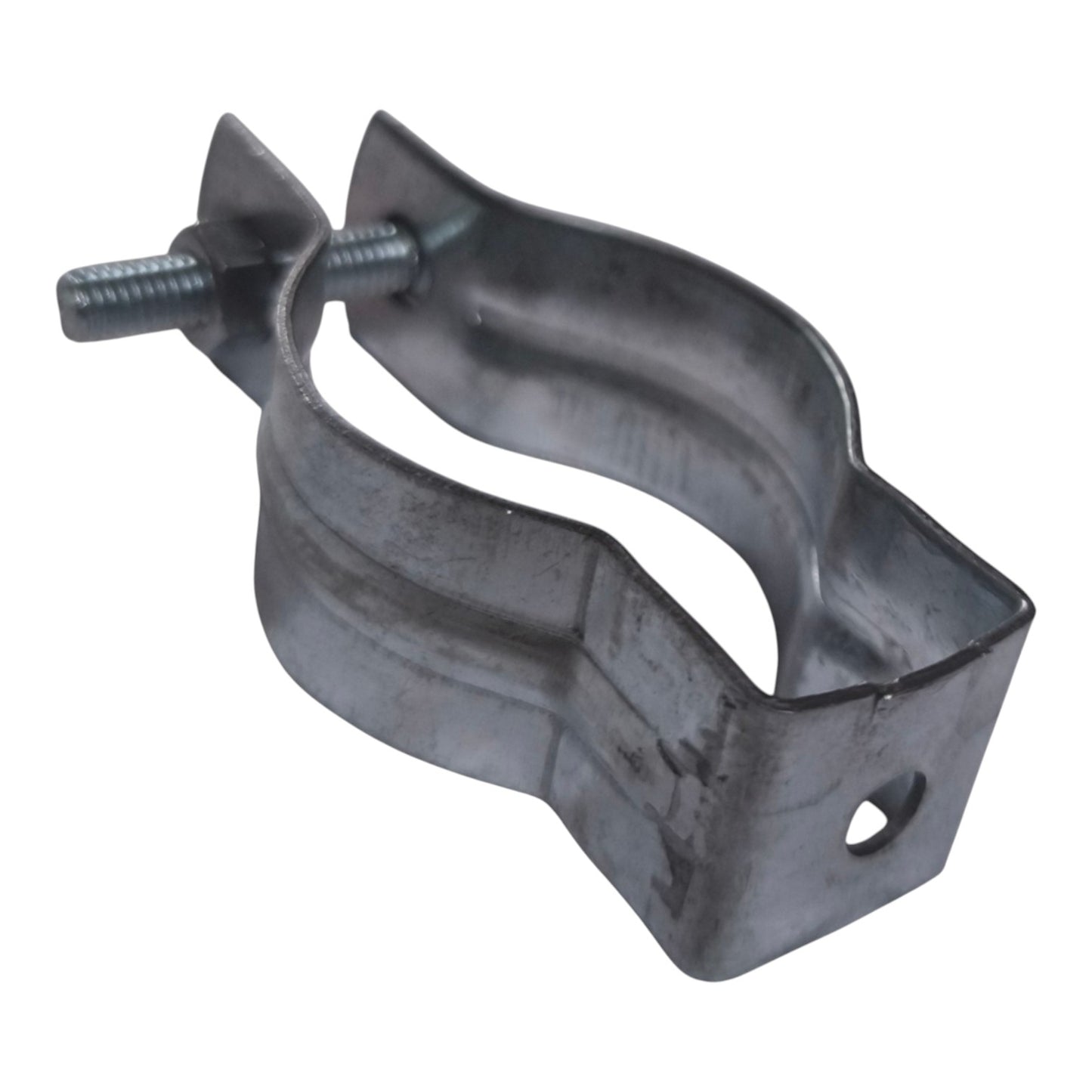 A galvanized steel U-bolt clamp with a wing nut, shown on a plain white background.