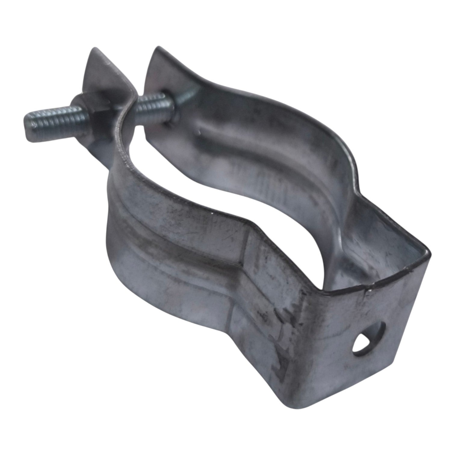 A galvanized steel U-bolt clamp with a wing nut, shown on a plain white background.
