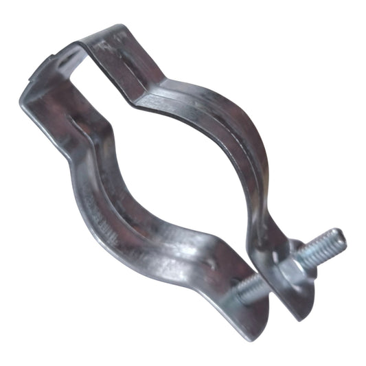 Galvanized metal pipe clamp with a wing nut fastener, shown on a plain white background.