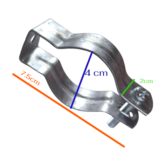 A metal clamp with overlaid dimension lines showing 7.5 cm, 4 cm, and 2 cm on a plain white background.