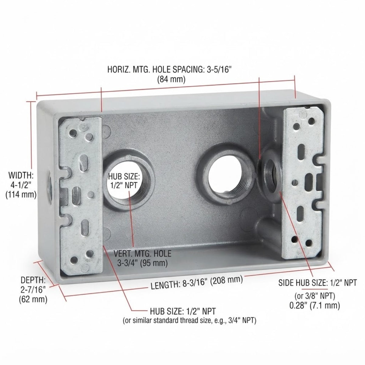 A cast iron double-threaded connector with labeled callouts showing the threaded hubs, threaded hub ends, grounding screw hub, removable cover, and malleable iron material on a white background.