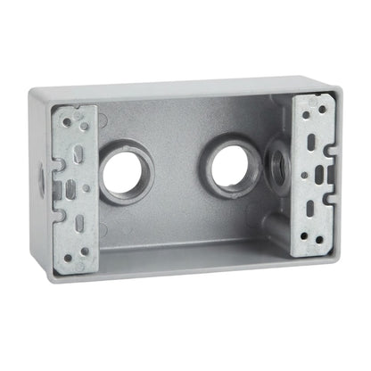 A galvanized steel electrical junction box with two threaded connection ports, shown on a solid white background.