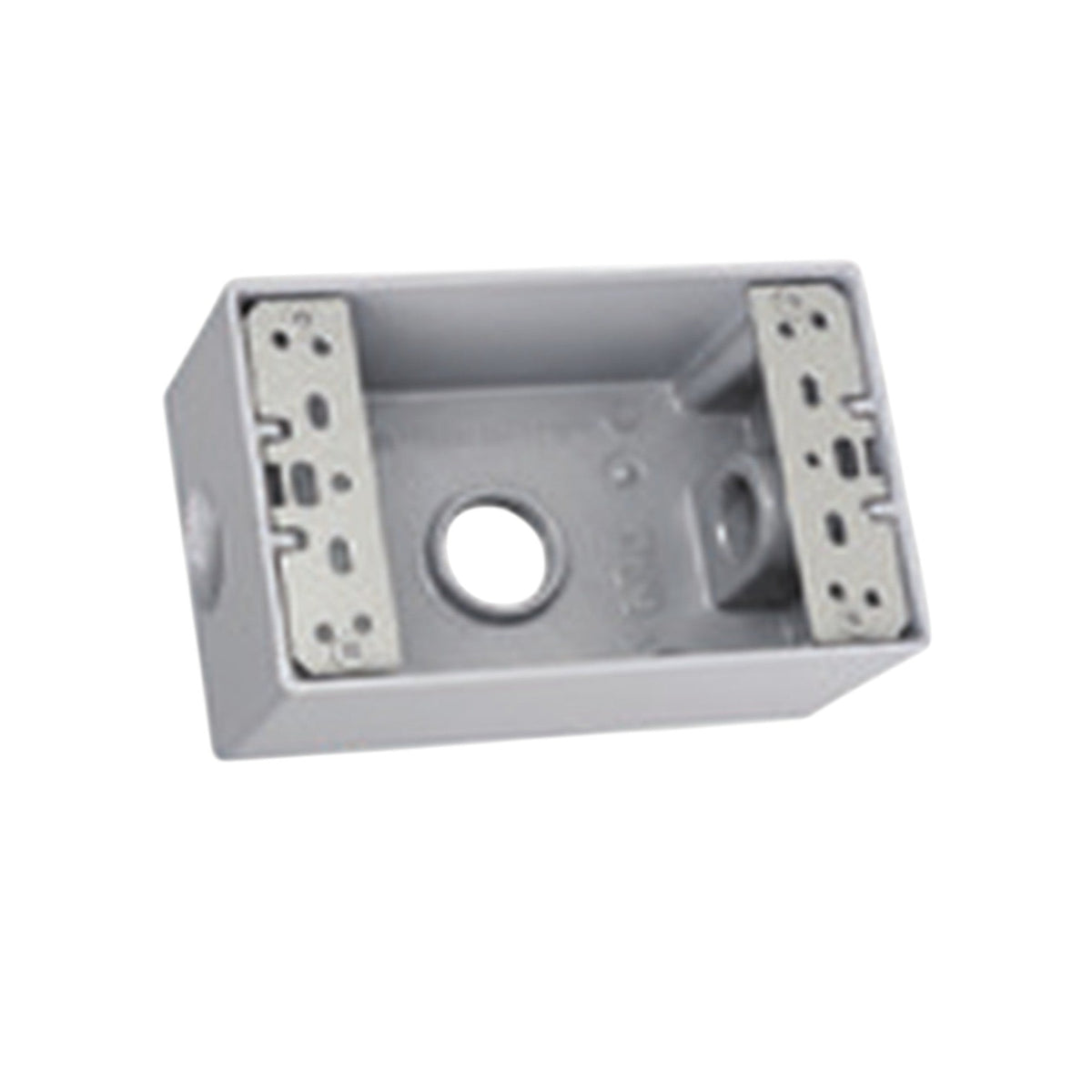 A gray plastic electrical junction box with a central circular hole and two side terminal blocks, shown on a plain white background.