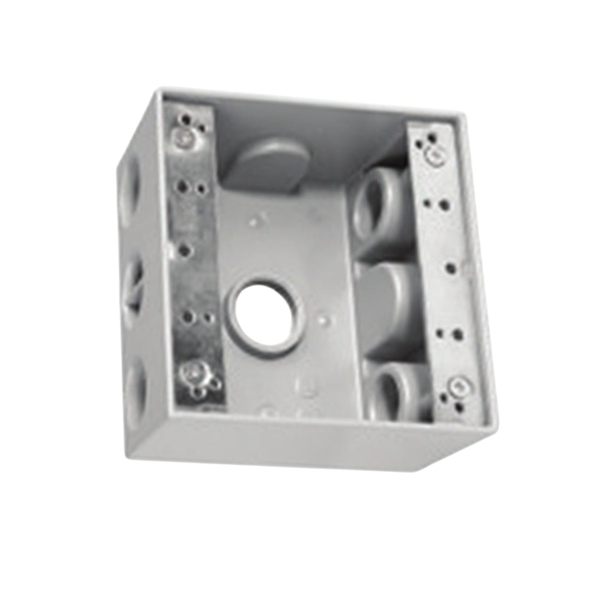 A square metal electrical junction box with a central circular opening and pre-drilled screw holes on the side panels, shown on a plain white background.