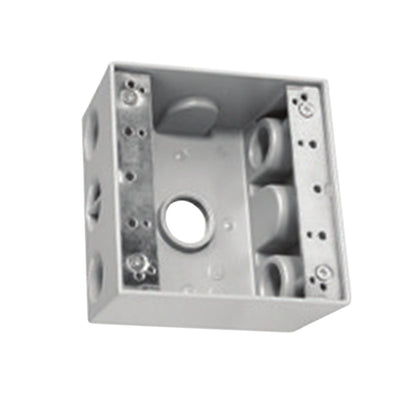 A square metal electrical junction box with a central circular opening and pre-drilled screw holes on the side panels, shown on a plain white background.