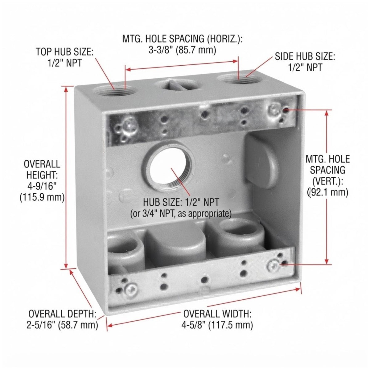A dimensional diagram of a metal mounting bracket or enclosure with labeled measurements for overall height, width, depth, and hub spacing, shown on a white background.