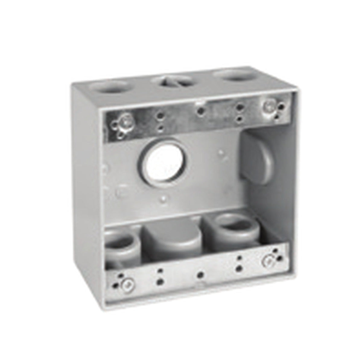 A silver metal electrical junction box with multiple screw terminals and circular openings, shown on a plain white background.