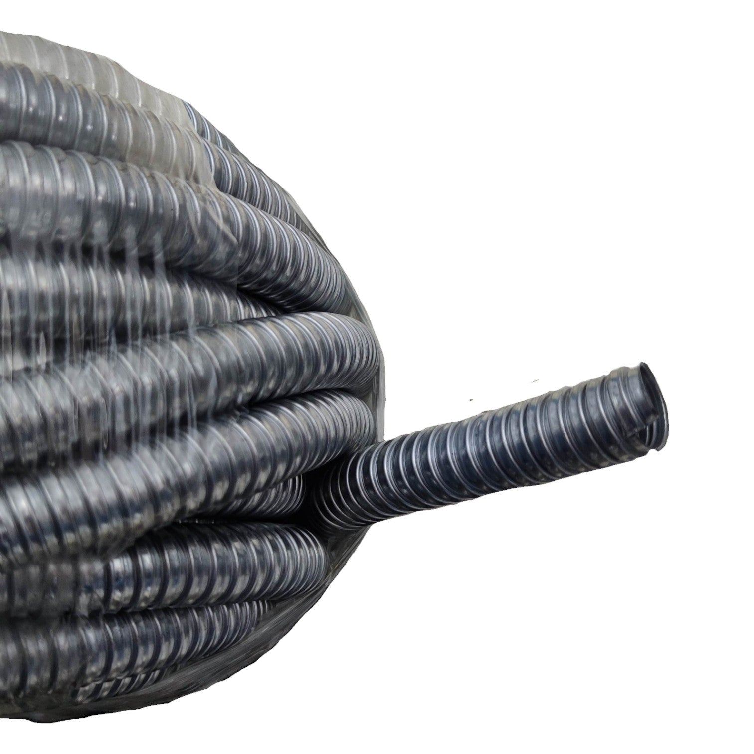 Coiled black rubber hose on a white background