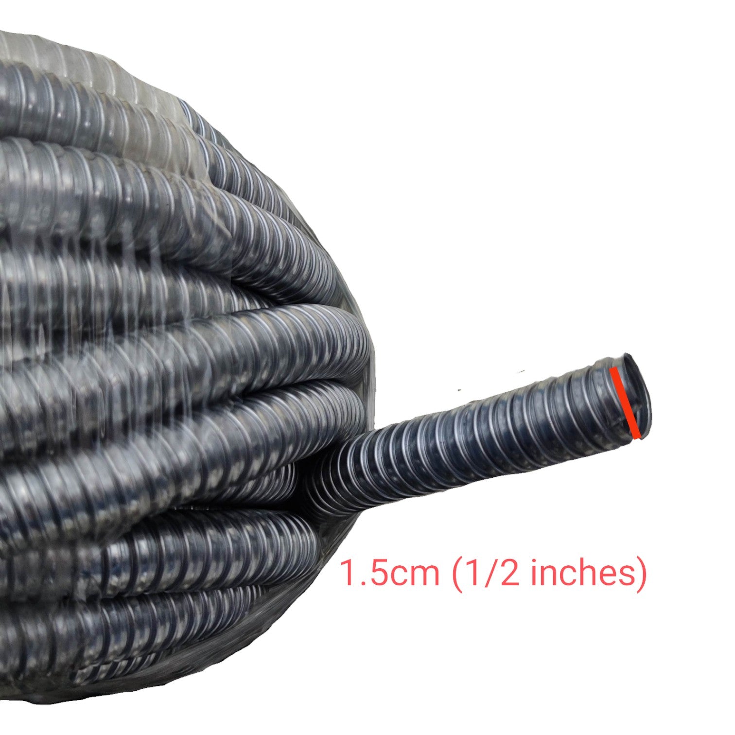 Coiled black hose with measurement label on a white background