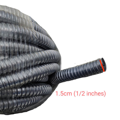 Coiled black hose with measurement label on a white background