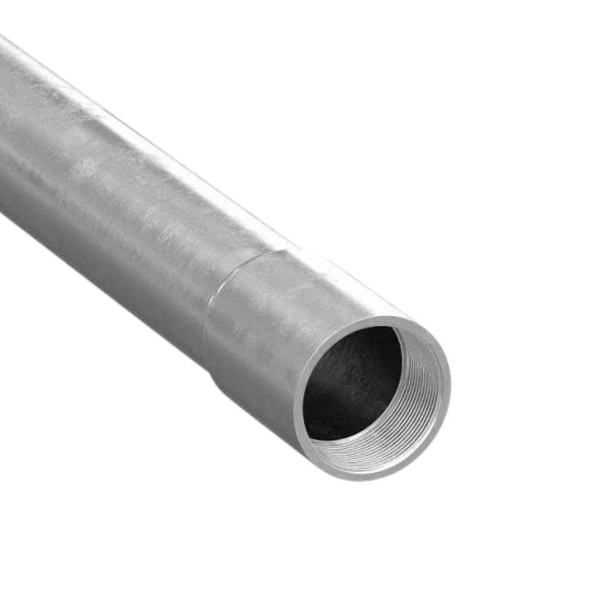 A close-up of a metallic silver threaded pipe fitting or tube end on a plain white background.