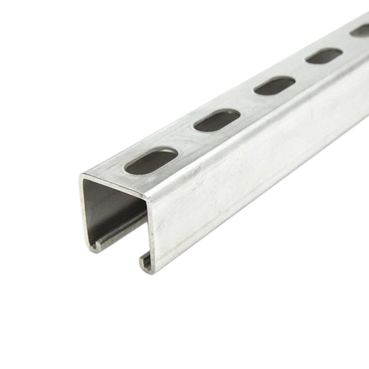 A silver metal channel strip with elongated oval cutouts, shown at an angle on a plain white background.