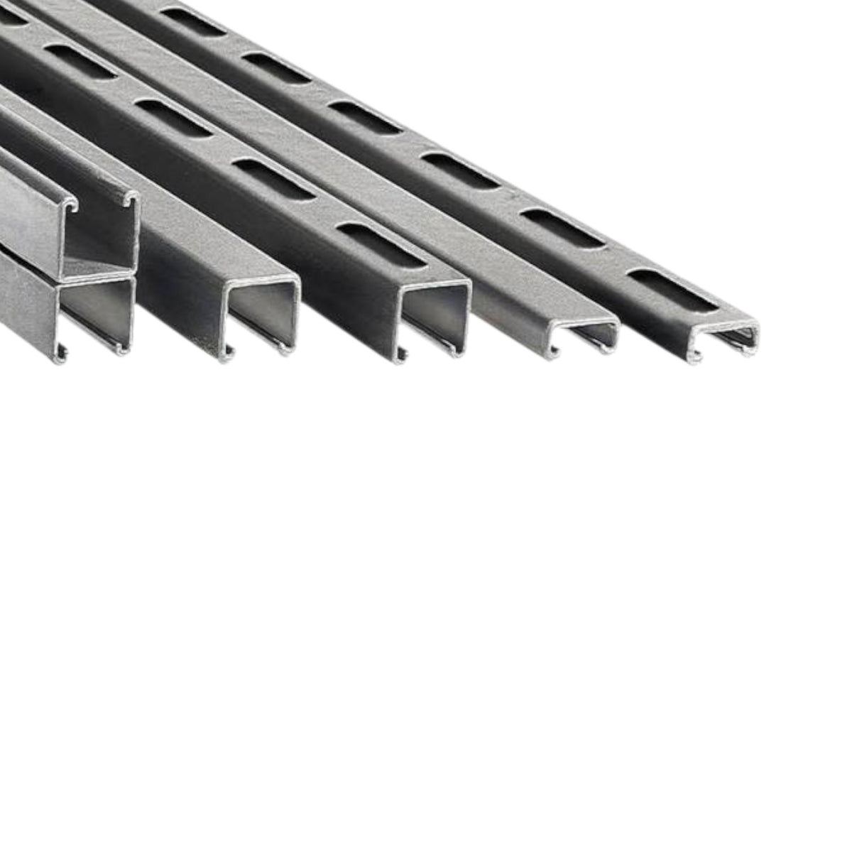 Five gray metal channel profiles with rectangular cutouts, arranged diagonally on a plain white background.
